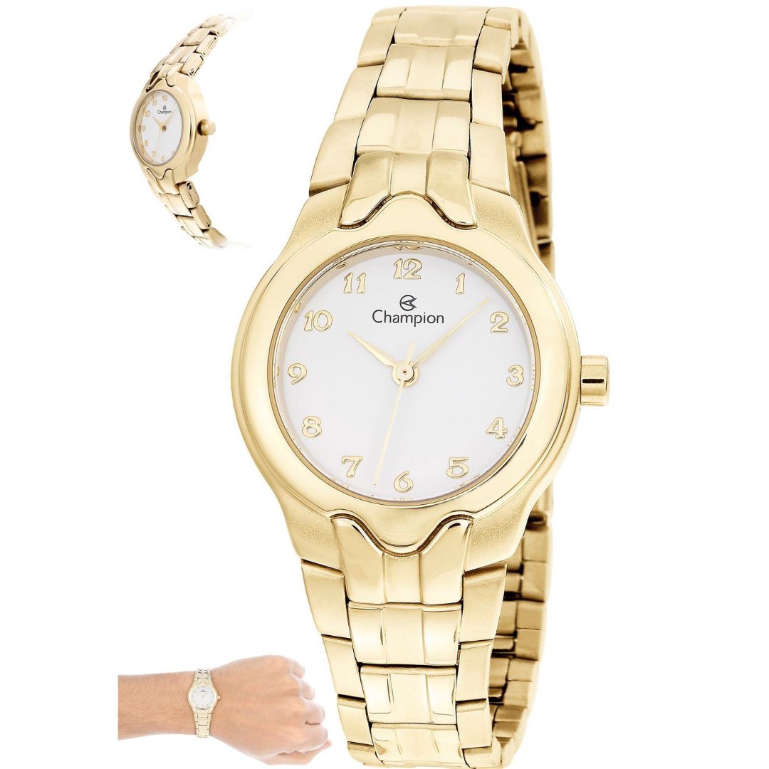 Relógio Champion Feminino Dourado Fundo Branco + Semi Joia QTZ