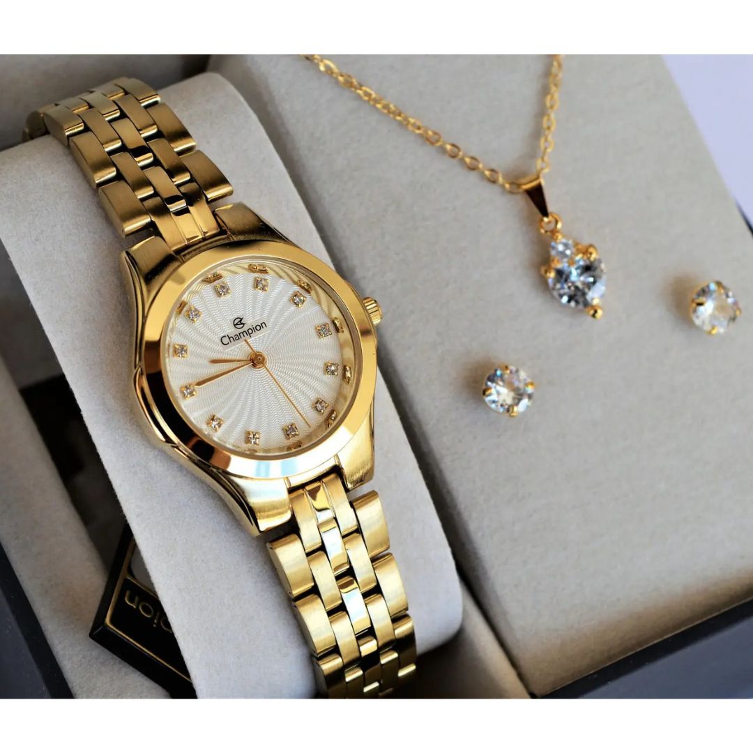 Relogio Champion Pequeno dourado CN25458W + kit semi joia