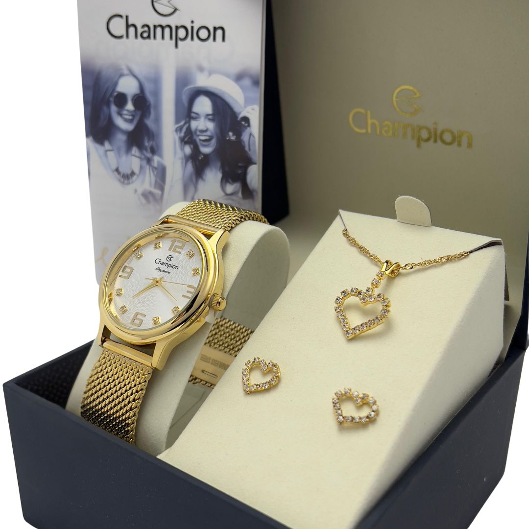 Relógio Champion Feminino Dourado Prova D' Água Kit Brincos