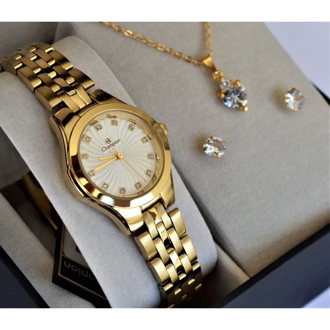 Relogio Champion Pequeno dourado CN25458W + kit semi joia