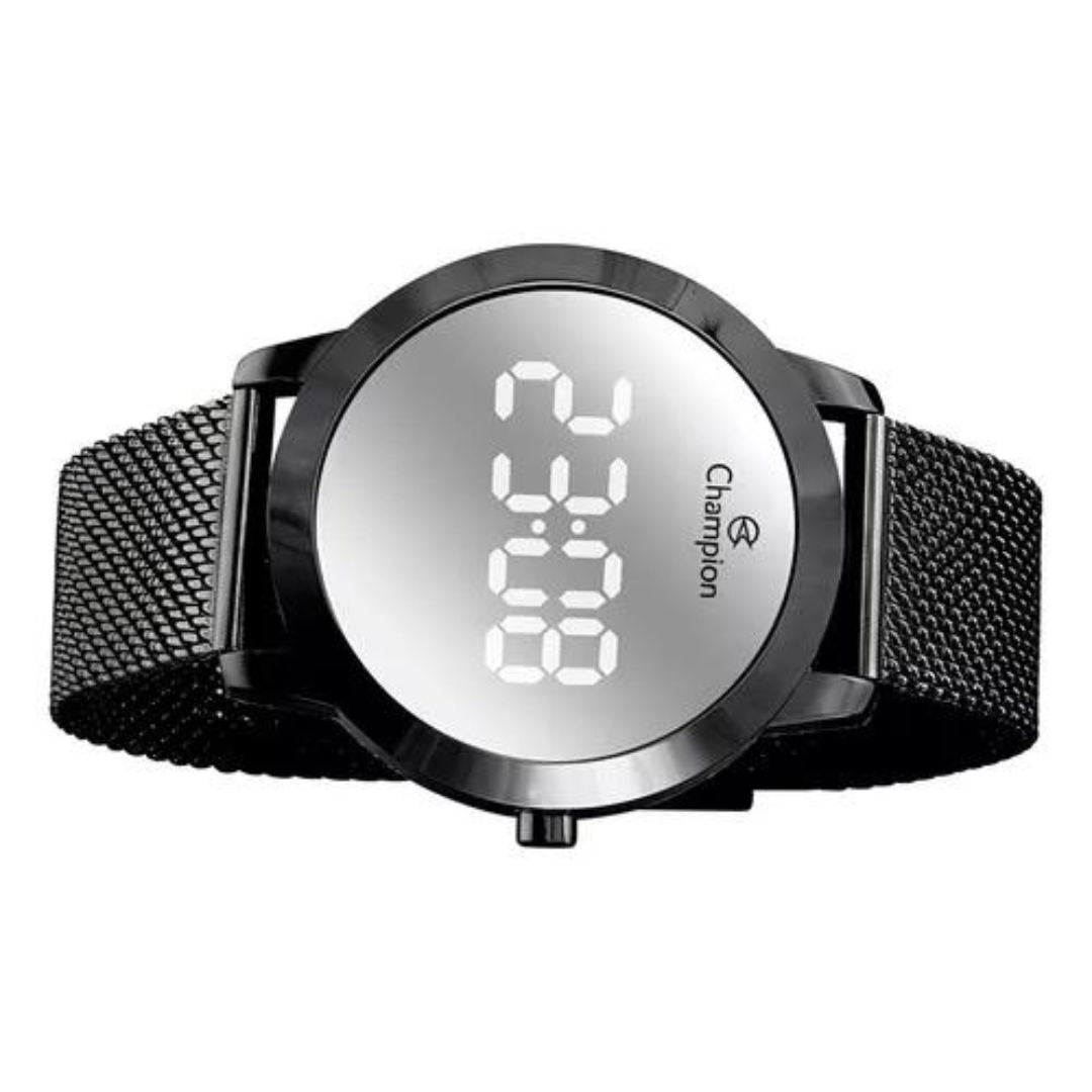 Relógio Digital LED Champion A Prova D'água Preto Espelhado Redondo