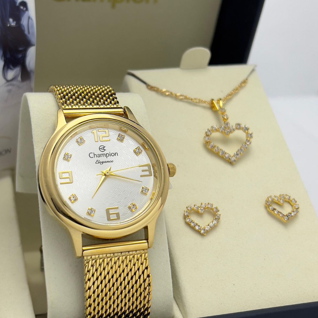 Relógio Champion Feminino Dourado Prova D' Água Kit Brincos
