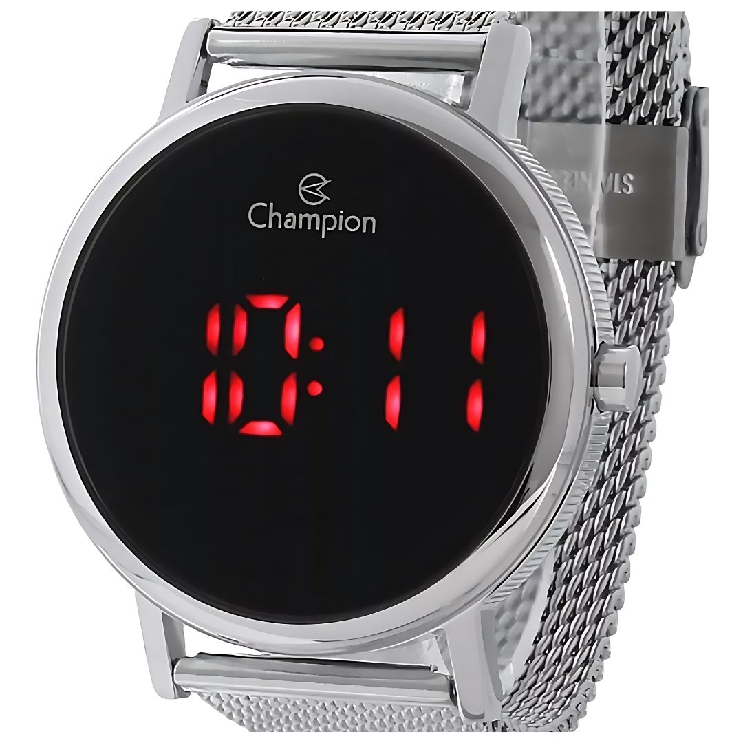 Relógio Digital LED Champion A Prova D'água Prata Redondo Fundo Preto