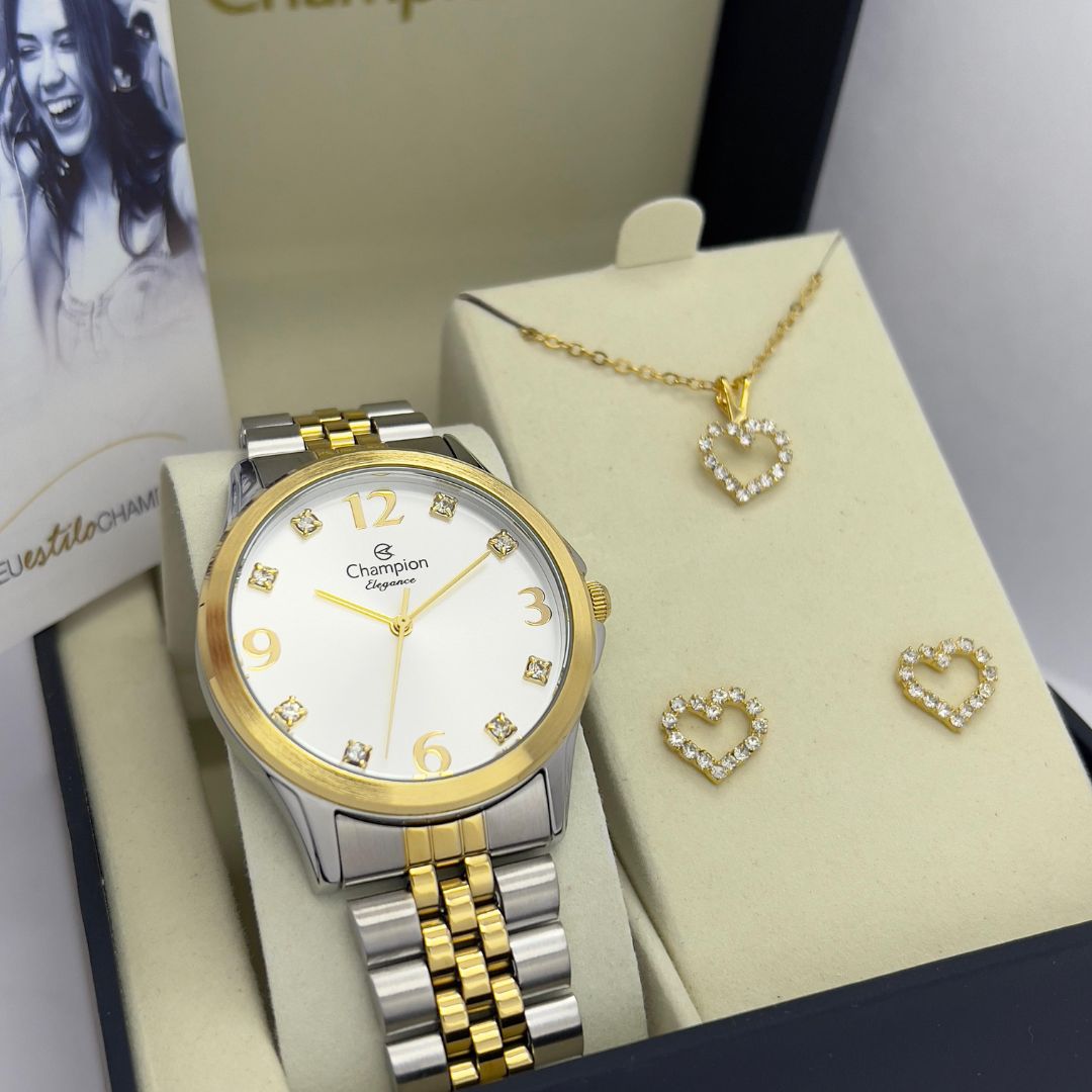 Relógio Champion Feminino Elegance Misto Kit Colar e Brincos CN24093D