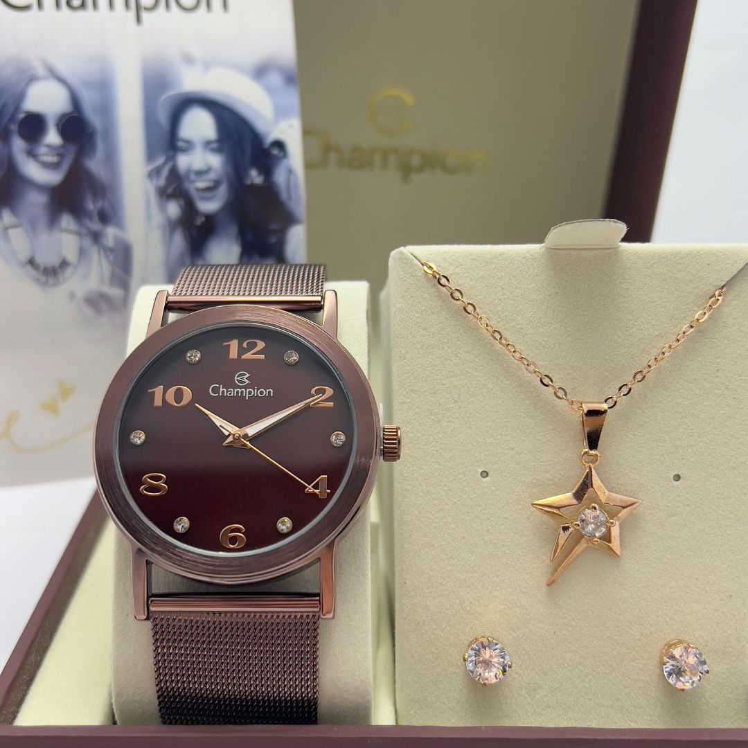 Relógio Champion Feminino cor chocolate Qtz Cn29034E com semi joias