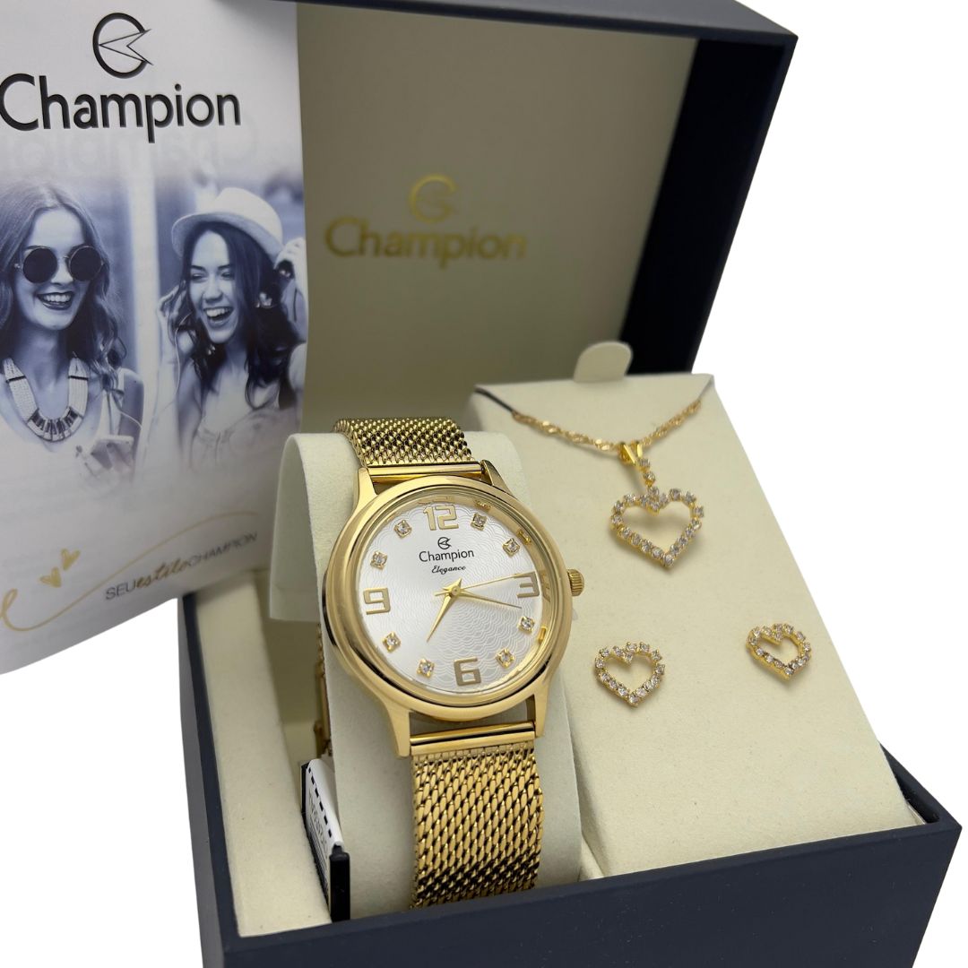 Relógio Champion Feminino Dourado Prova D' Água Kit Brincos