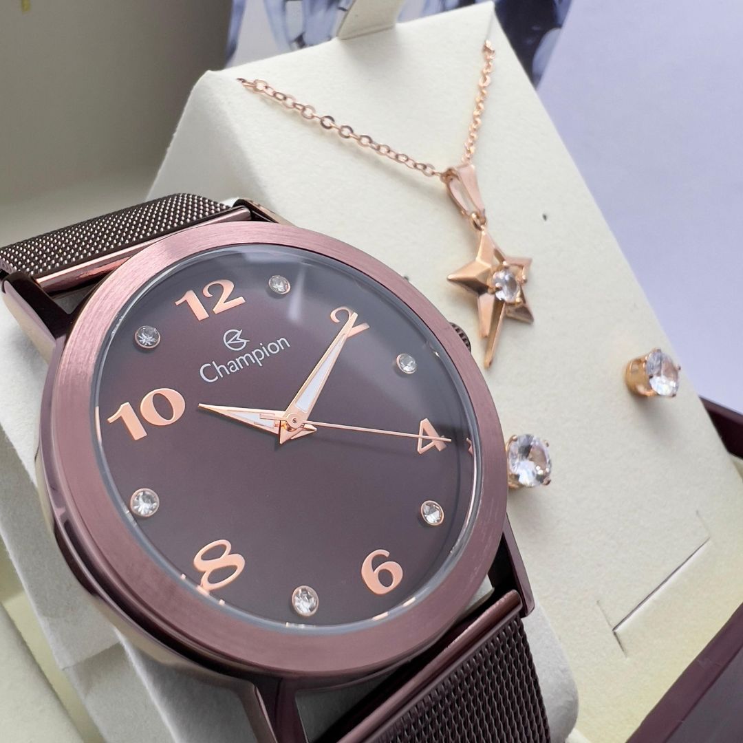 Relógio Champion Feminino cor chocolate Qtz Cn29034E com semi joias