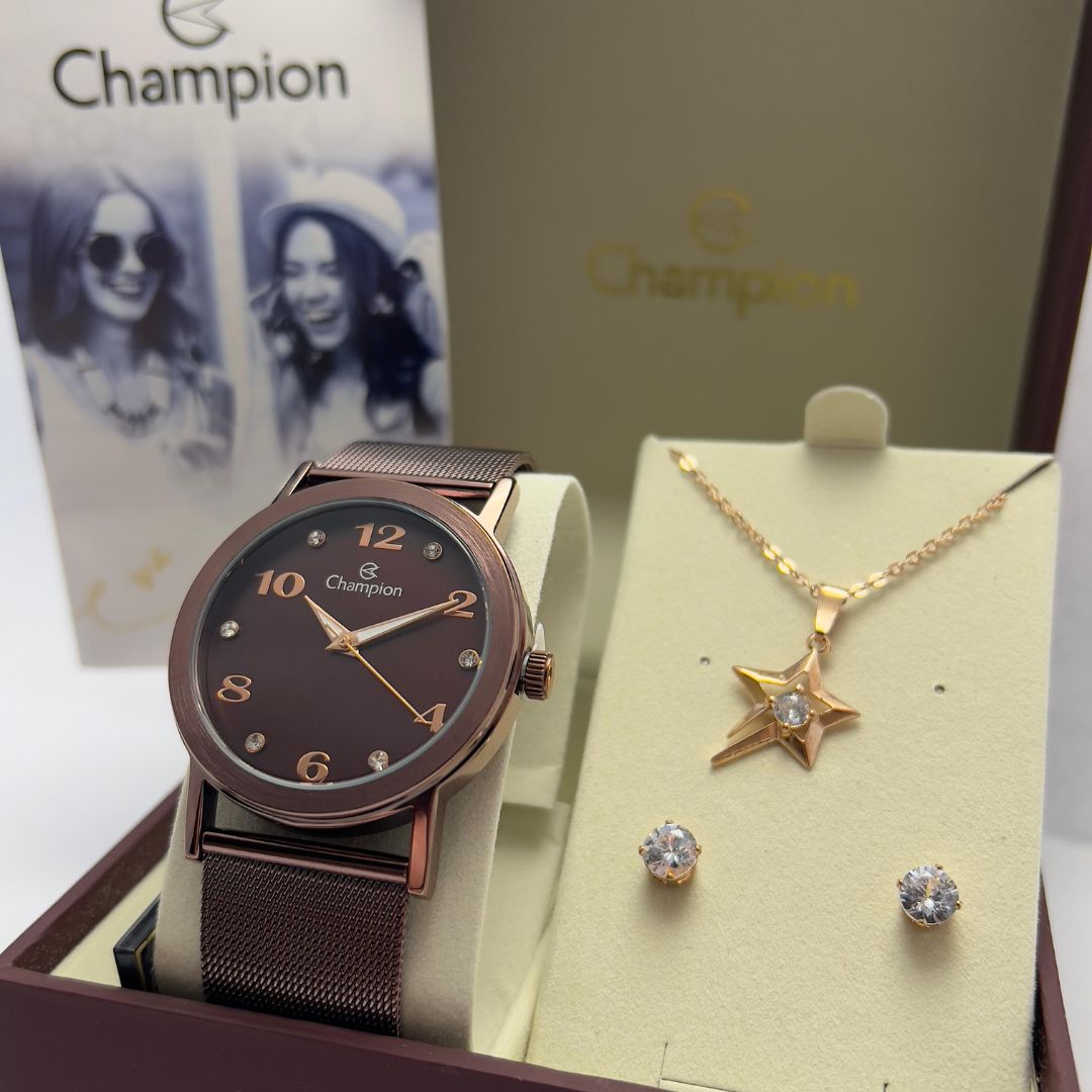 Relógio Champion Feminino cor chocolate Qtz Cn29034E com semi joias
