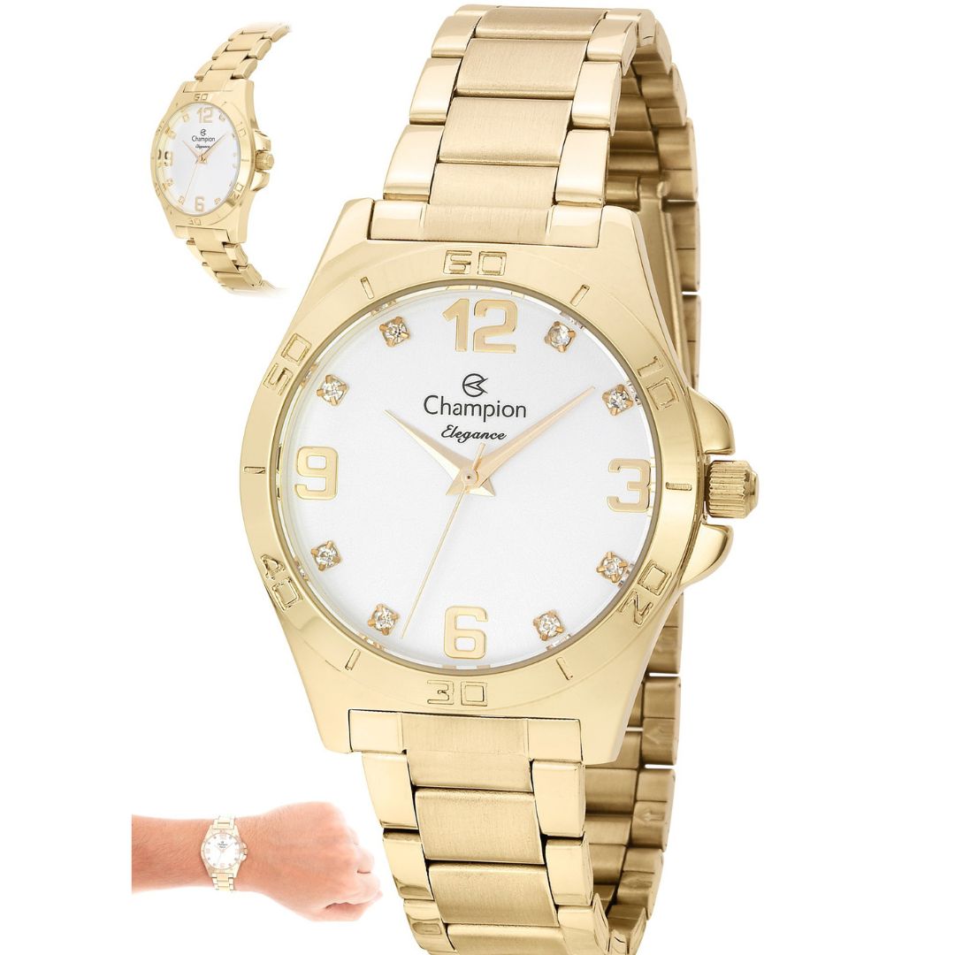 Relógio Champion Feminino Douradofundo branco + Semi Joias Qtz