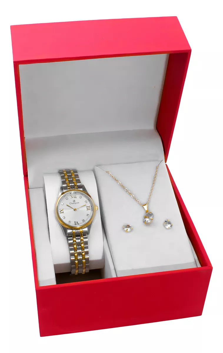 Relógio Champion Feminino Misto Fundo Branco + Semi Joia QTZ