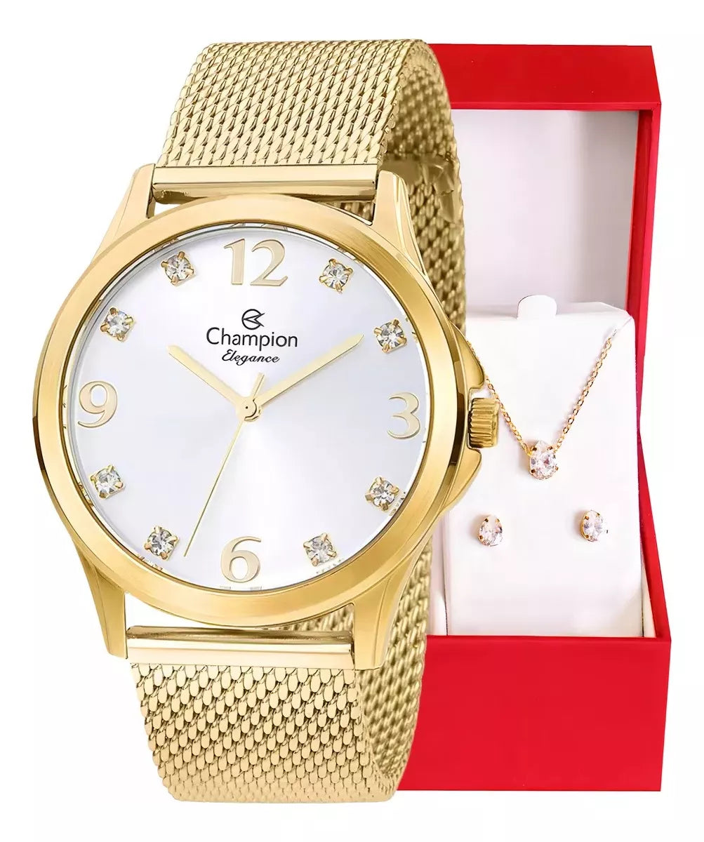 Relógio Champion Feminino Dourado + Semi Joias Qtz