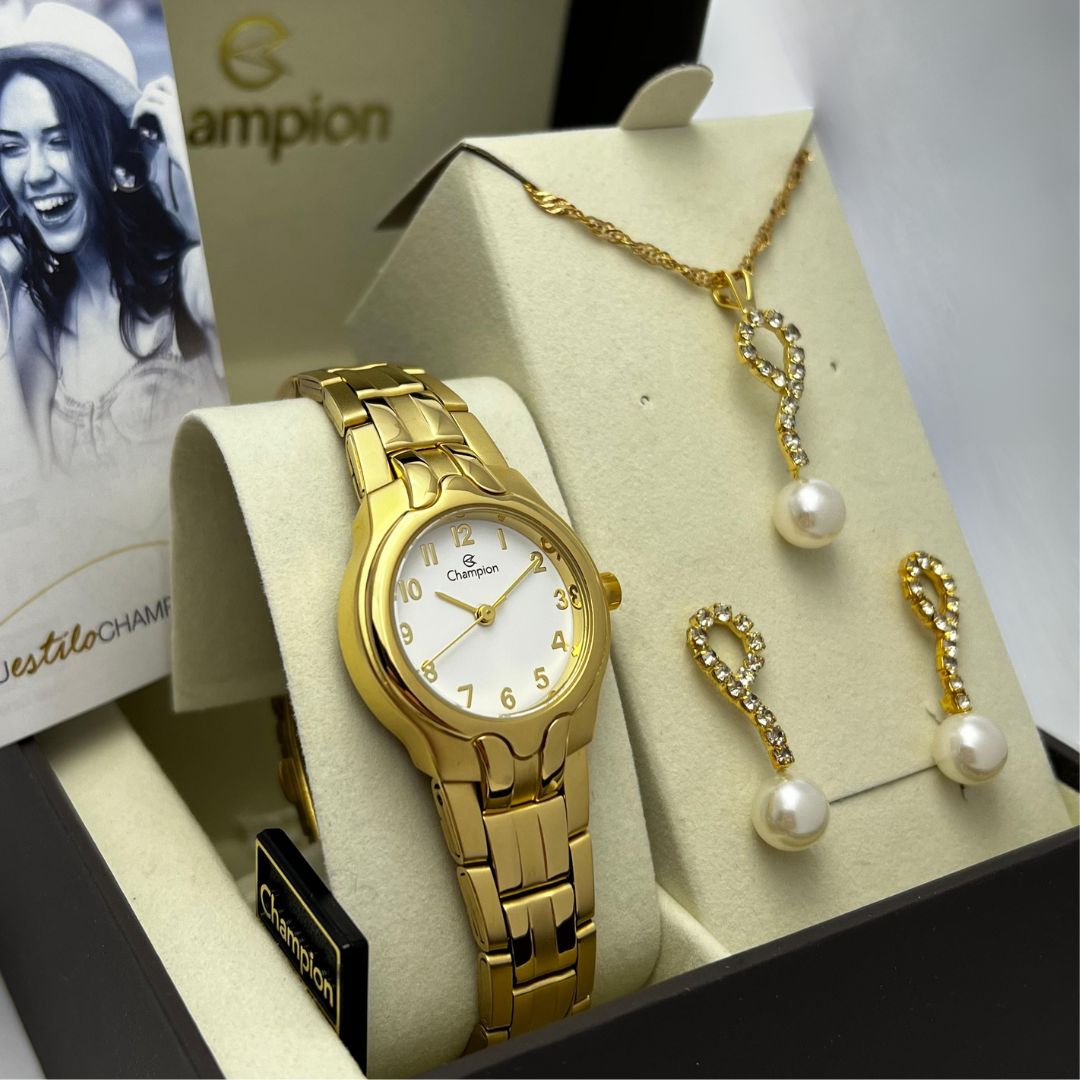 Relógio Champion Feminino Dourado Fundo Branco + Semi Joia QTZ