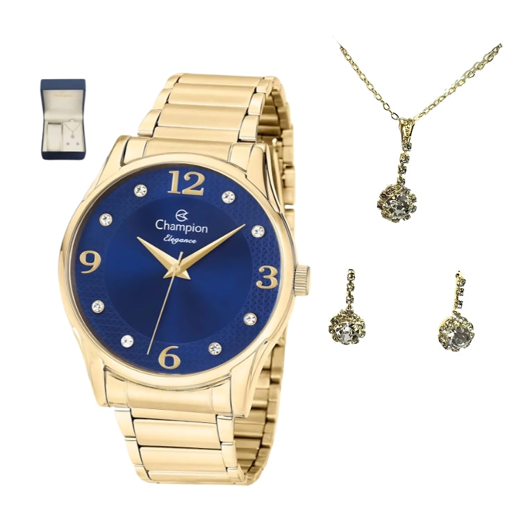 Relógio Champion Feminino Dourado Fundo Azul + Semi Joia QTZ