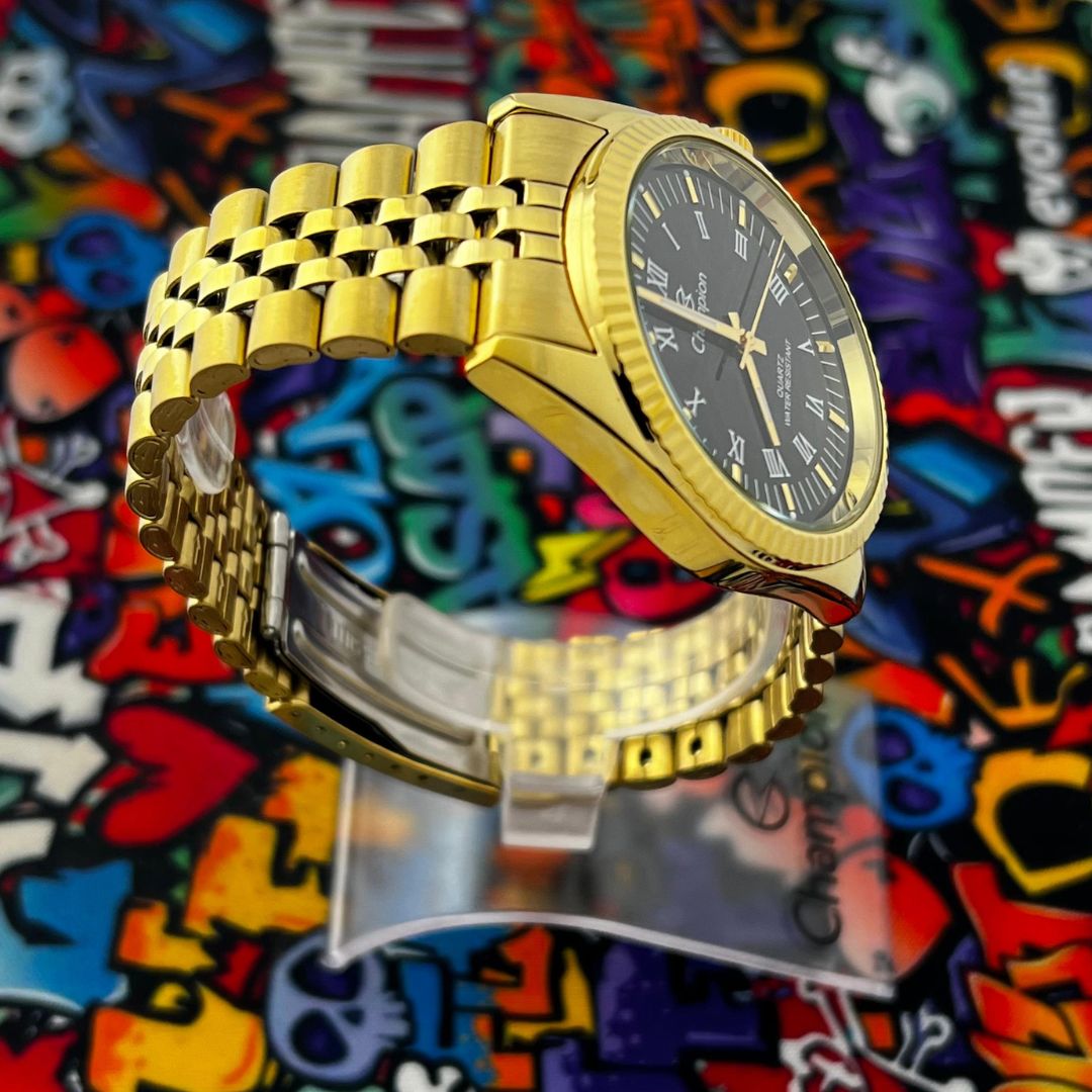 Relógio pulso Champion prova d'agua dourado cor da correia dourado mostrador preto