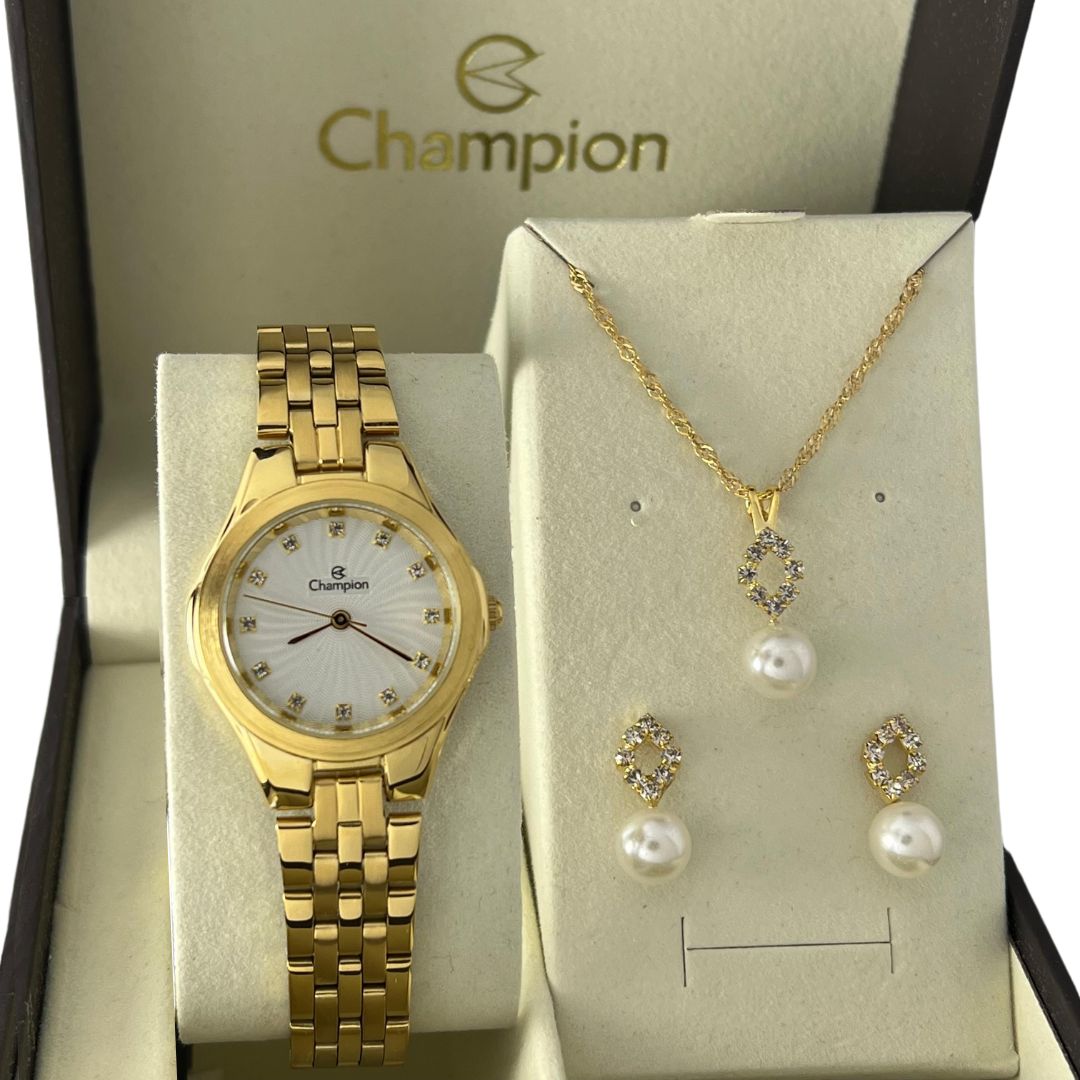 Relogio Champion Pequeno dourado CN25458W + kit semi joia