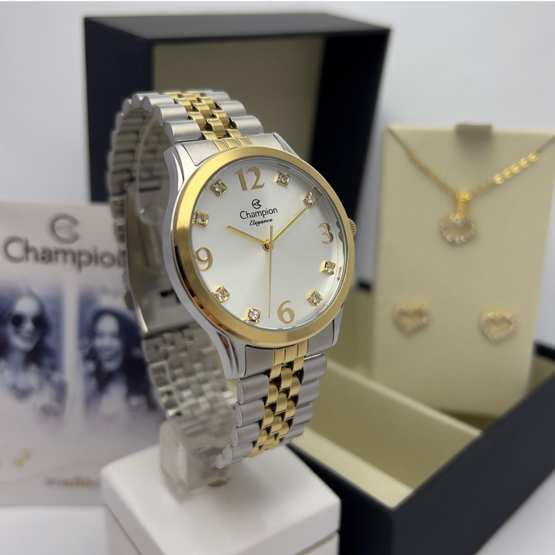 Relógio Champion Feminino Elegance Misto Kit Colar e Brincos CN24093D