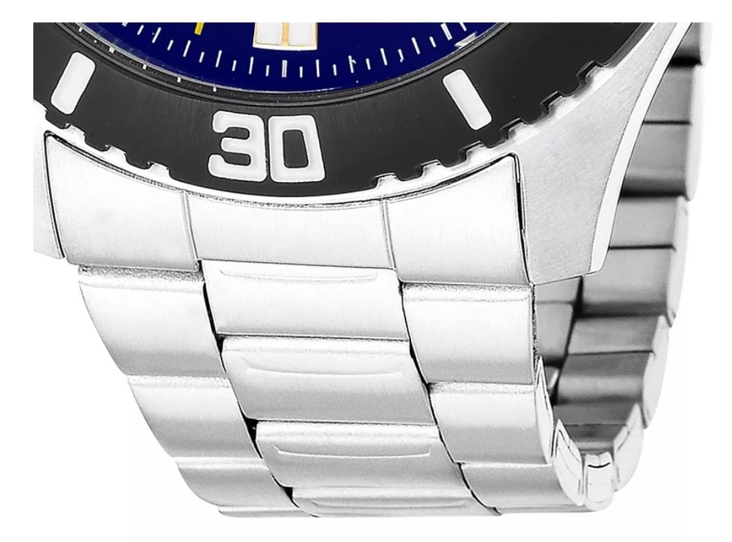 Relógio masculino analógico com calendário em aço inox caixa 44mm aro preto fundo azul