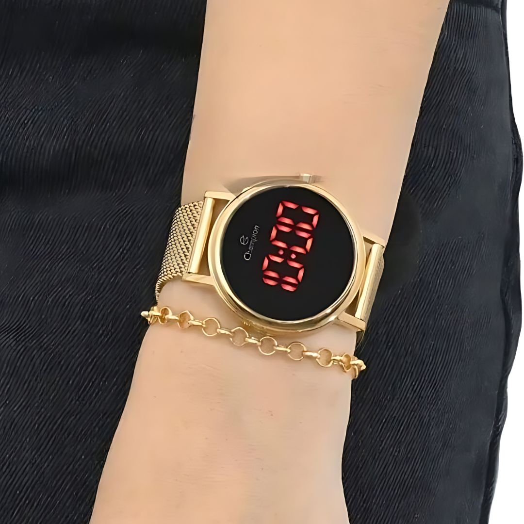 Relógio Digital LED Champion A Prova D'água Dourado Preto Redondo