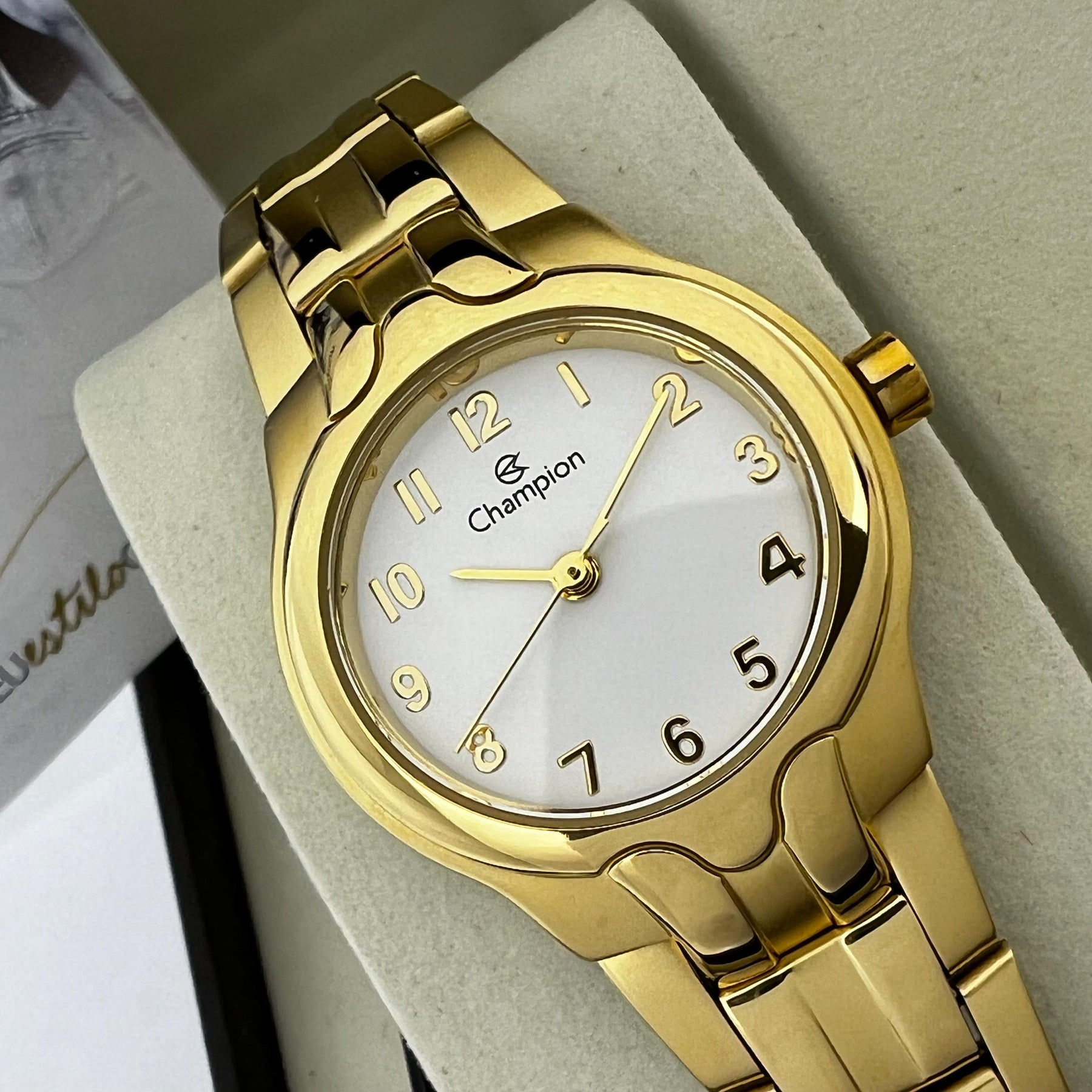 Relógio Champion Feminino Dourado Fundo Branco + Semi Joia QTZ