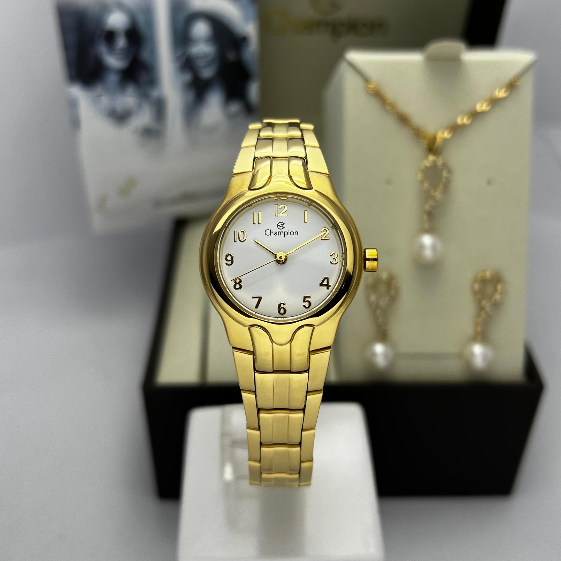 Relógio Champion Feminino Dourado Fundo Branco + Semi Joia QTZ