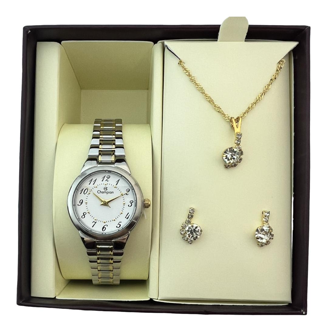 Relógio Champion Feminino Misto Fundo Branco  + Semi Joia QTZ