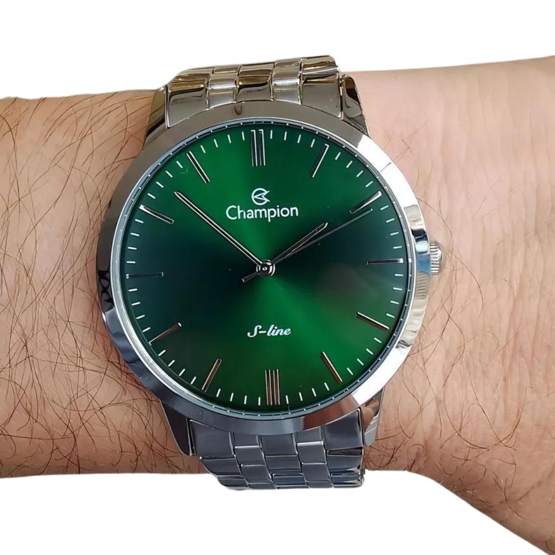 Relógio Champion S-Line Masculino Prata Redondo Fundo Verde Qtz