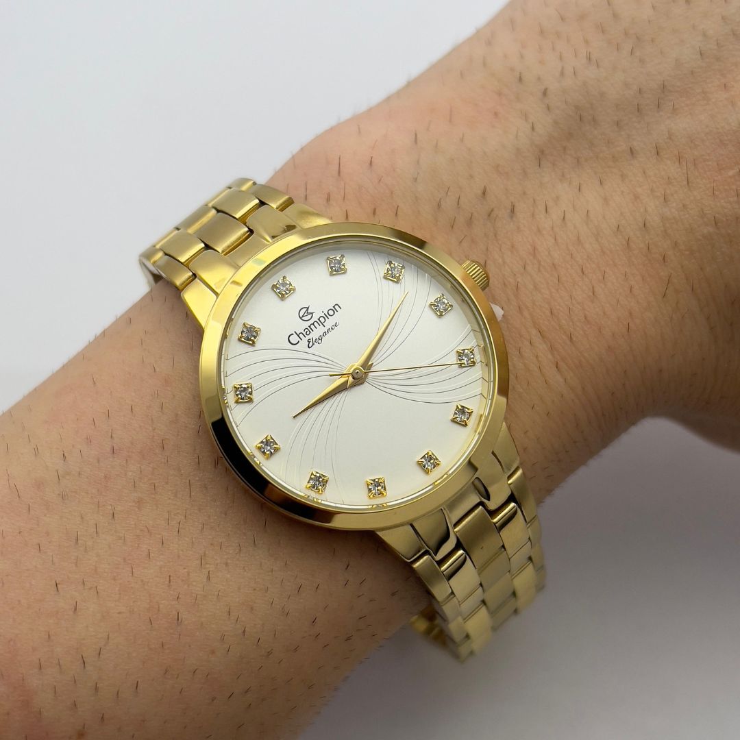 Relogio Feminino Dourado Champion Com Pedras Qtz