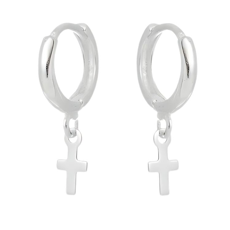 Brinco argola pendurada crucifixo liso 8mm x 4mm em Prata 925