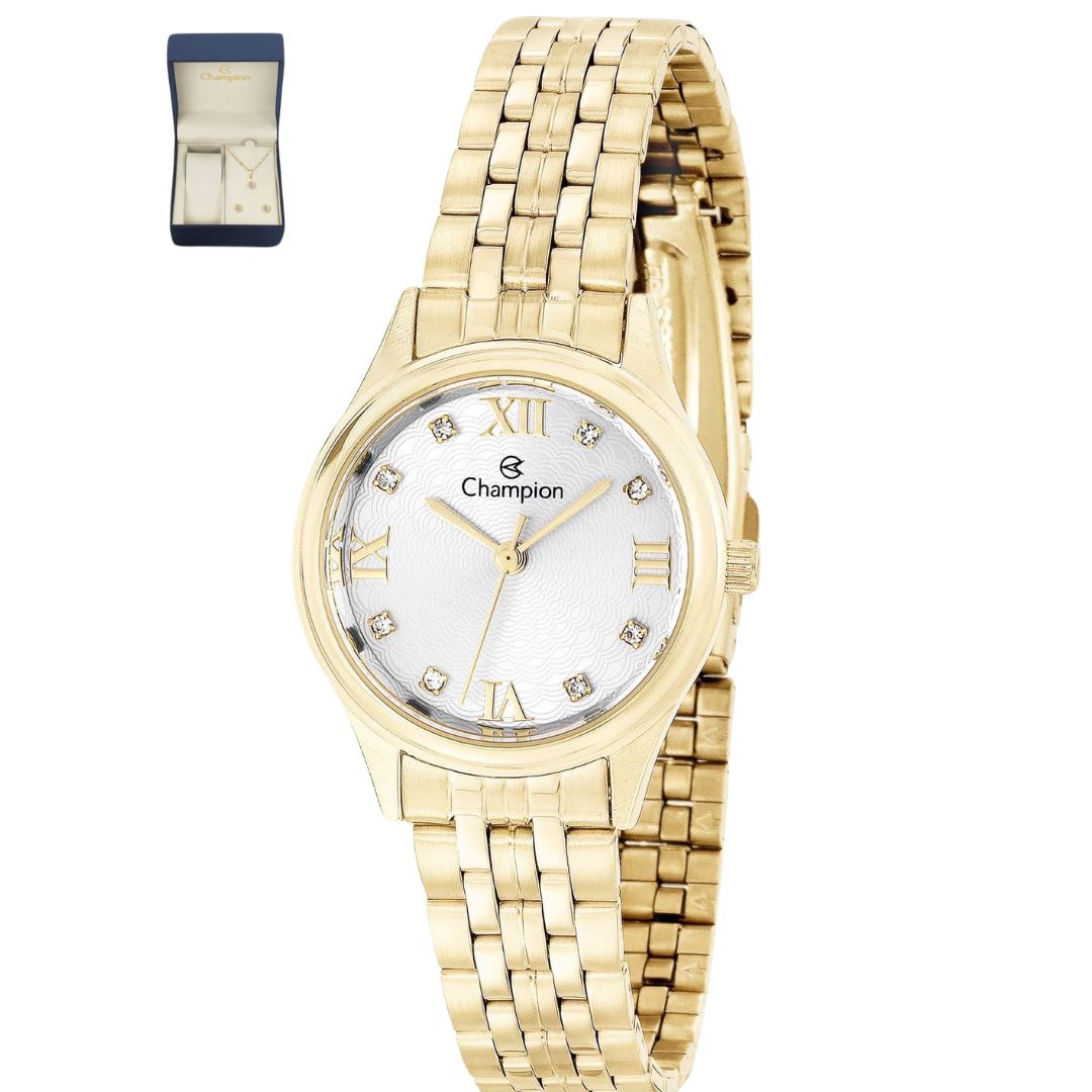 Relógio Champion CH24900W Dourado Com Semijóia Colar + Brinco