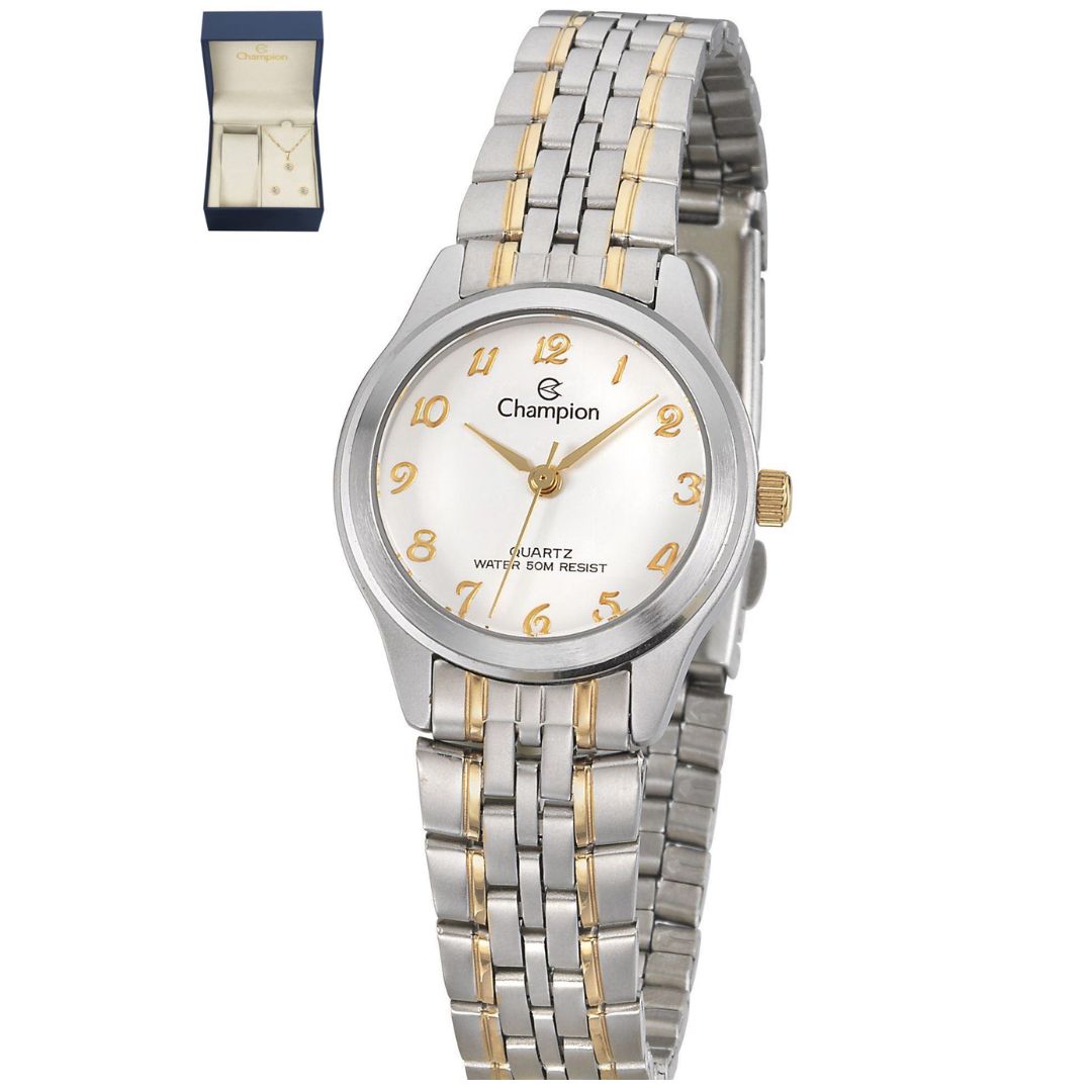 Relógio Champion Feminino Pequeno  Misto Fundo Branco + Semi Joia QTZ