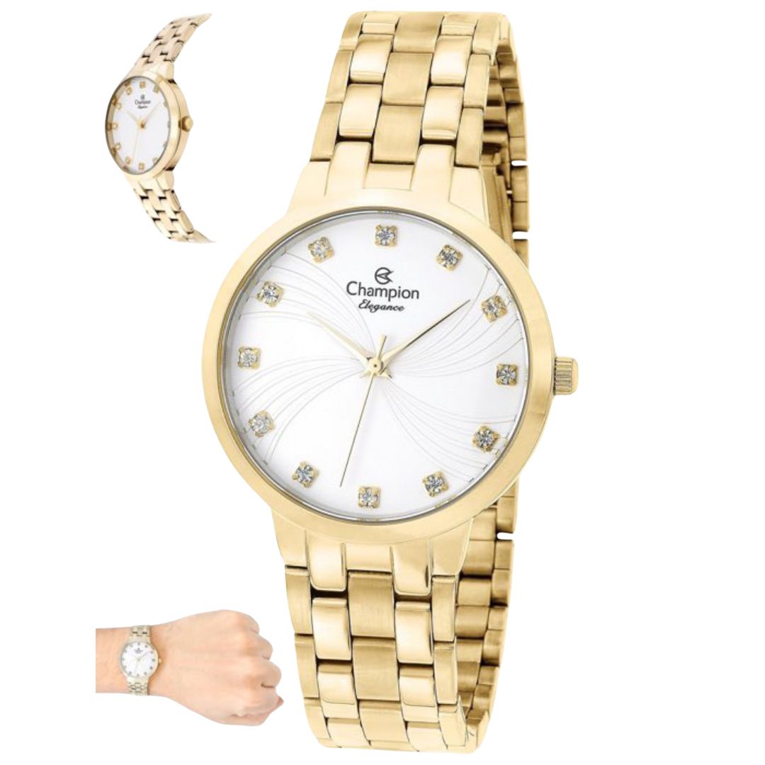 Relogio Feminino Dourado Champion Com Pedras Qtz