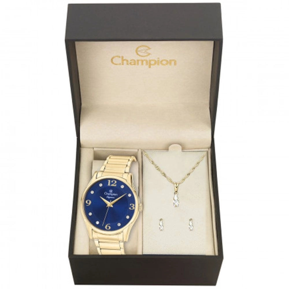 Relógio Champion Feminino Dourado  Fundo Azul + Semi Joia QTZ