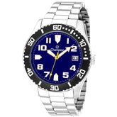 Relógio masculino analógico com calendário em aço inox caixa 44mm  aro preto fundo azul