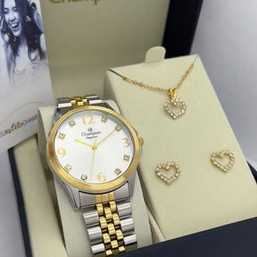 Relógio Champion Feminino Elegance Misto Kit Colar e Brincos CN24093D