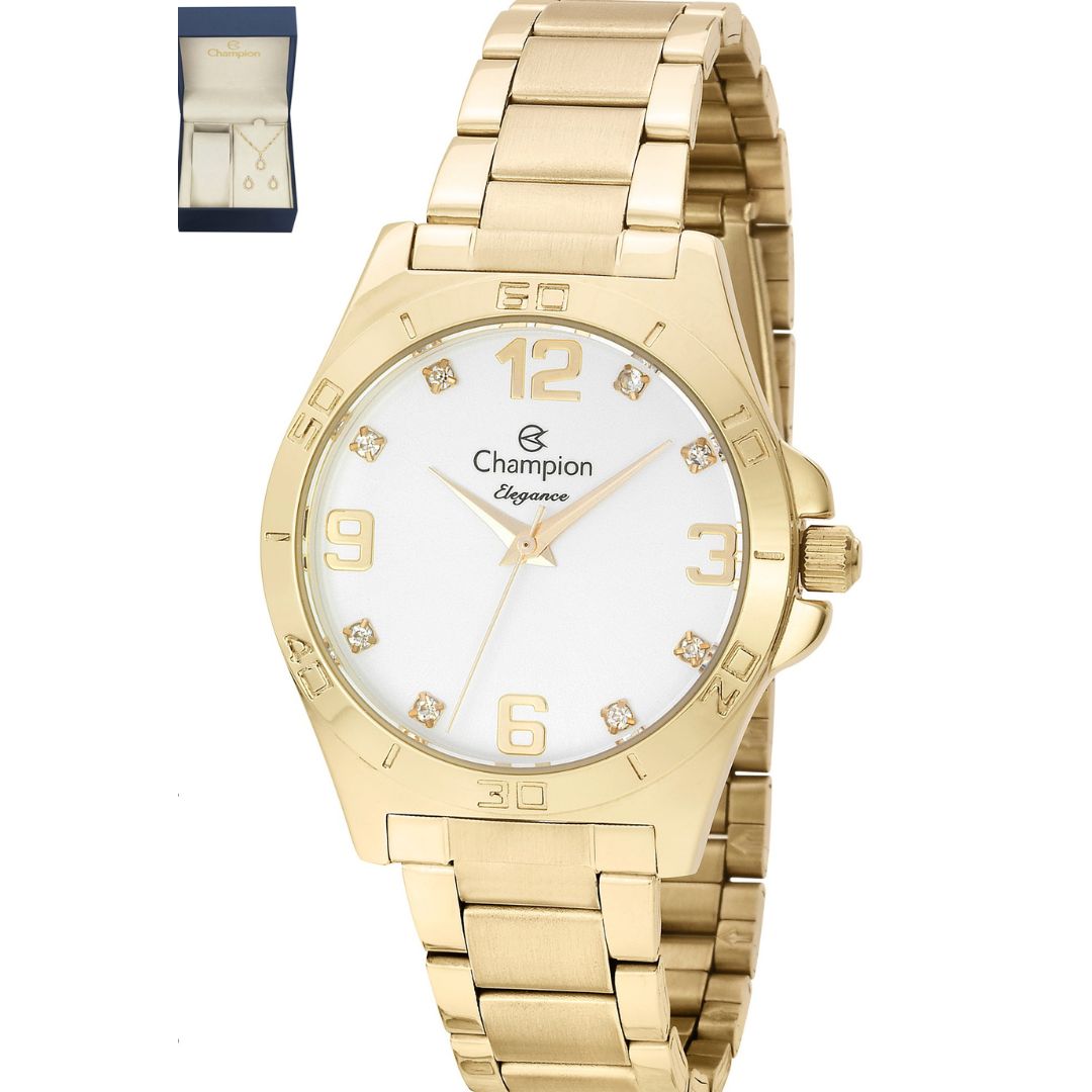 Relógio Champion Feminino Douradofundo branco + Semi Joias Qtz