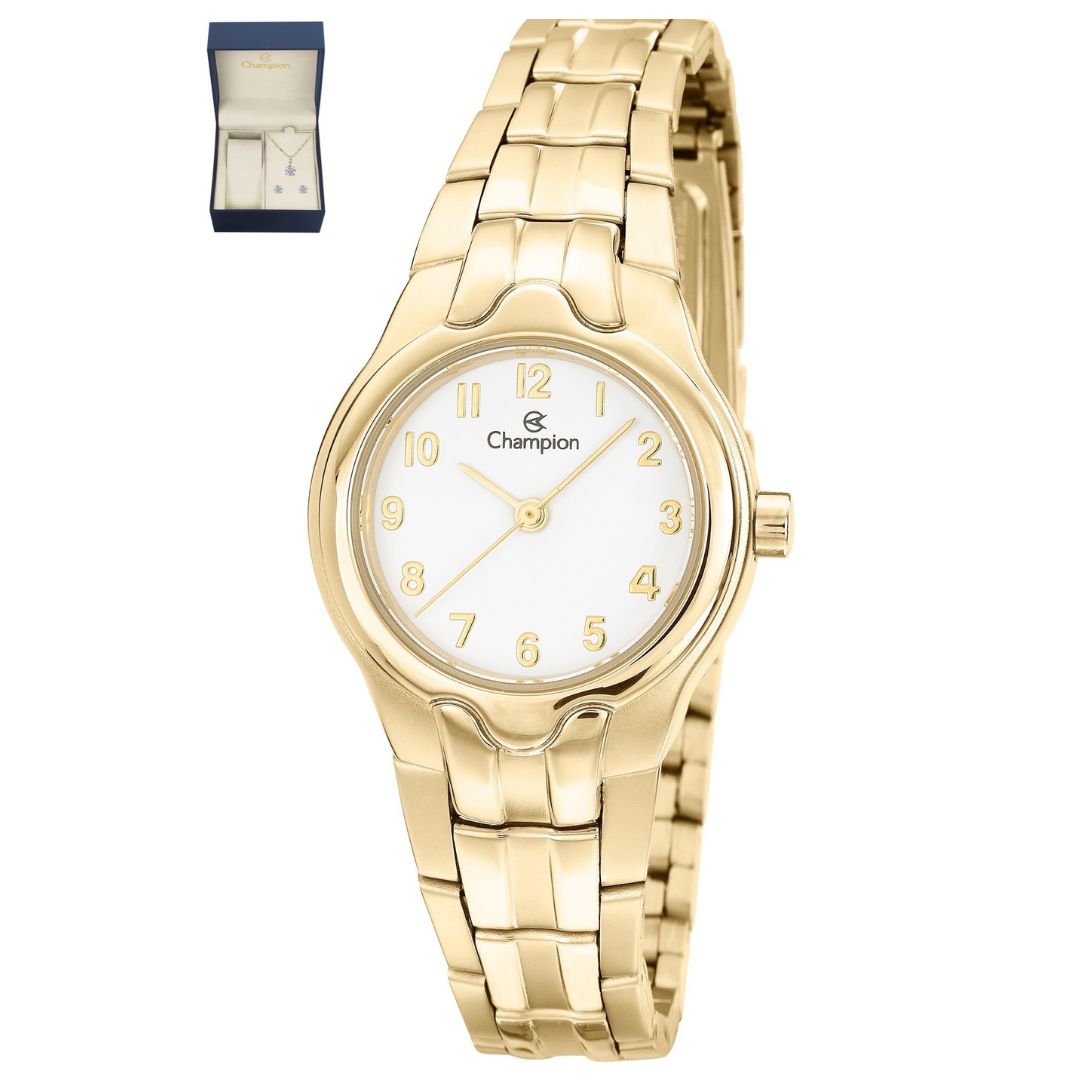 Relógio Champion Feminino Dourado  Fundo Branco  + Semi Joia QTZ