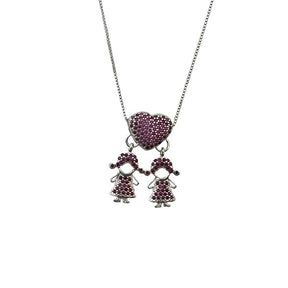 Gargantilha canga zircônia coração meninas cravejada rosa, Prata 925