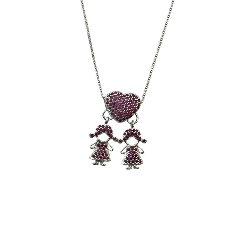 Gargantilha canga zircônia coração meninas cravejada rosa, Prata 925