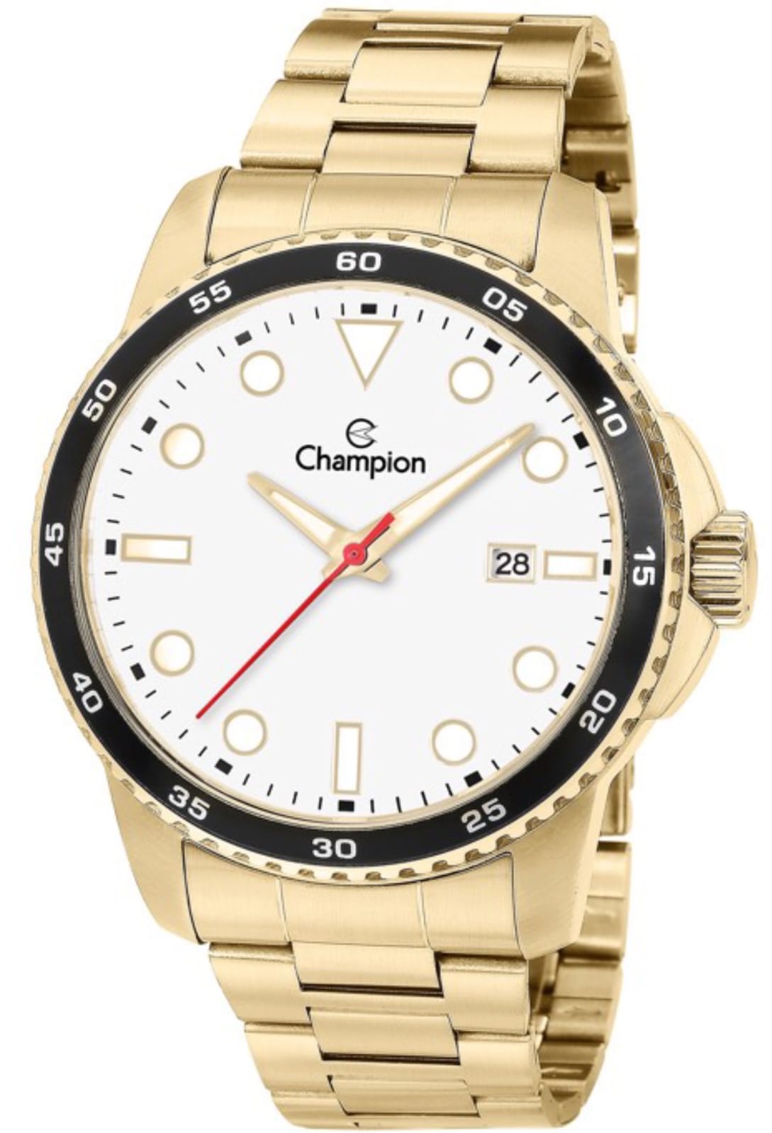 Relógio masc dourado aço inox  aro preto fundo branco