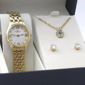 Relógio Champion CH24900W Dourado Com Semijóia Colar + Brinco