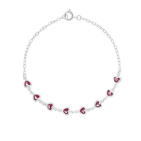 Pulseira feminina corações cereja 19cm Prata 925 zircônia cereja.