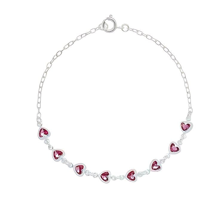Pulseira feminina corações cereja 19cm Prata 925 zircônia cereja.