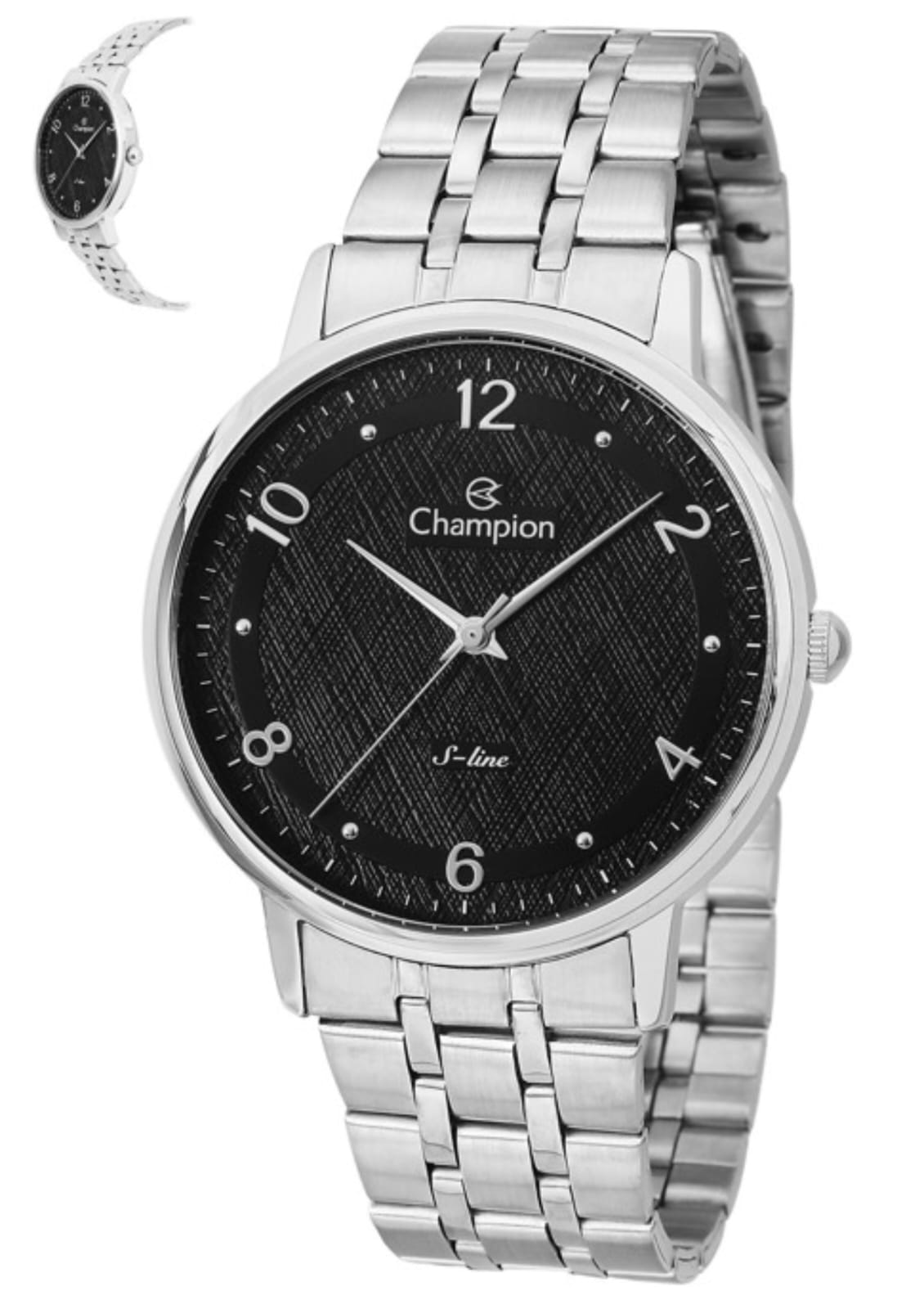 Relógio Masculino Prata Champion Fundo Preto Quartz  caixa S Line