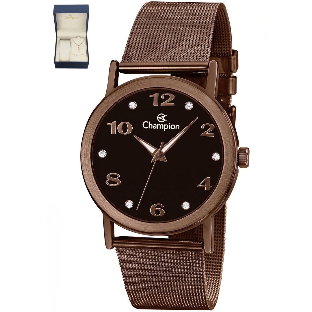 Relógio Champion Feminino cor chocolate  Qtz  Cn29034E com semi joias
