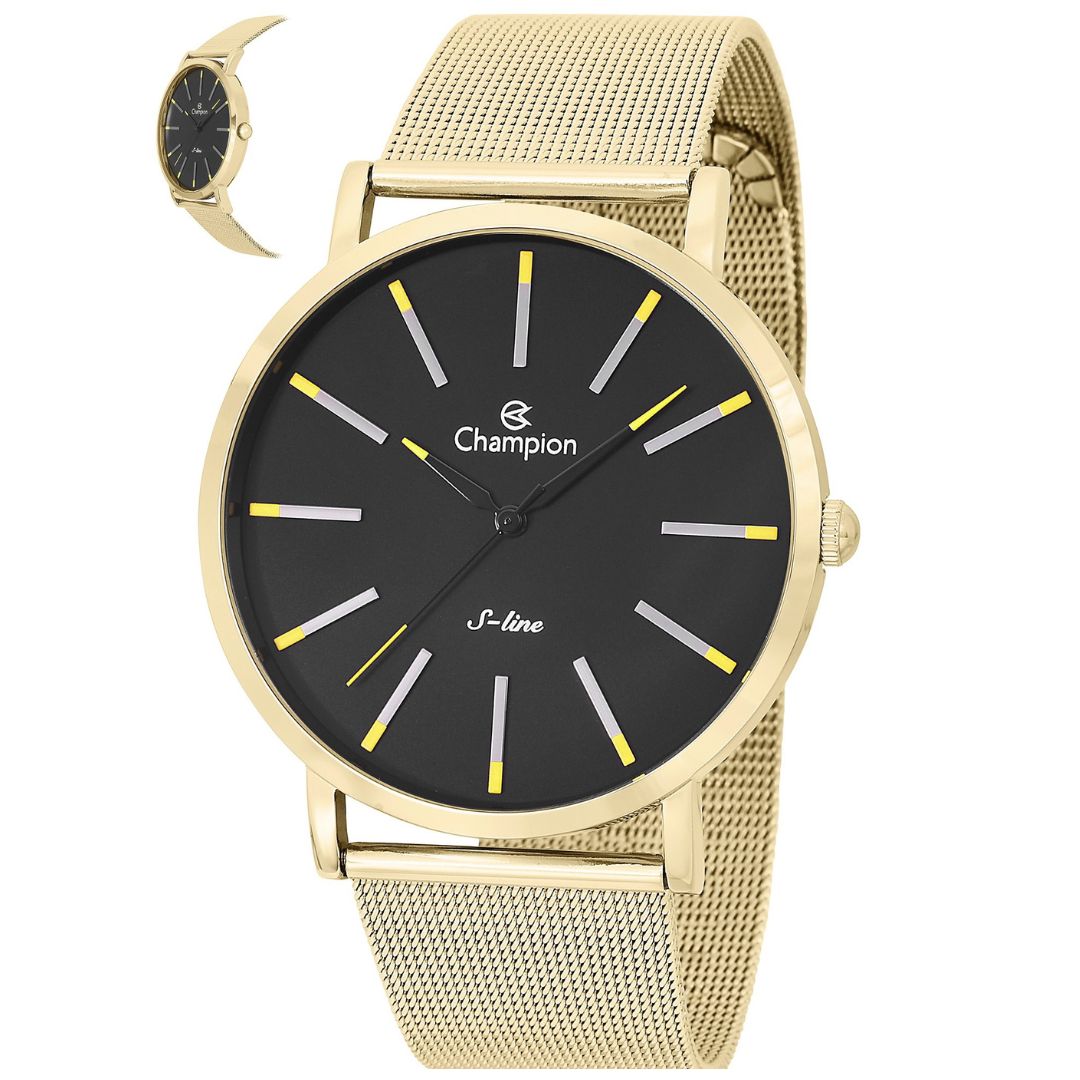 Relógios Masculino Dourado Fundo Preto S-Line Champion Qtz