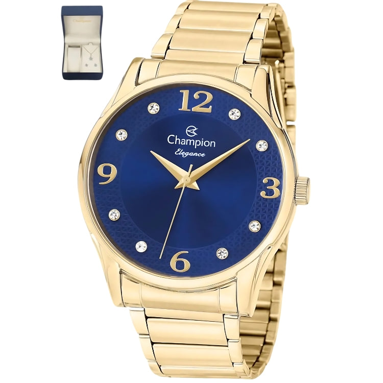 Relógio Champion Feminino Dourado  Fundo Azul + Semi Joia QTZ