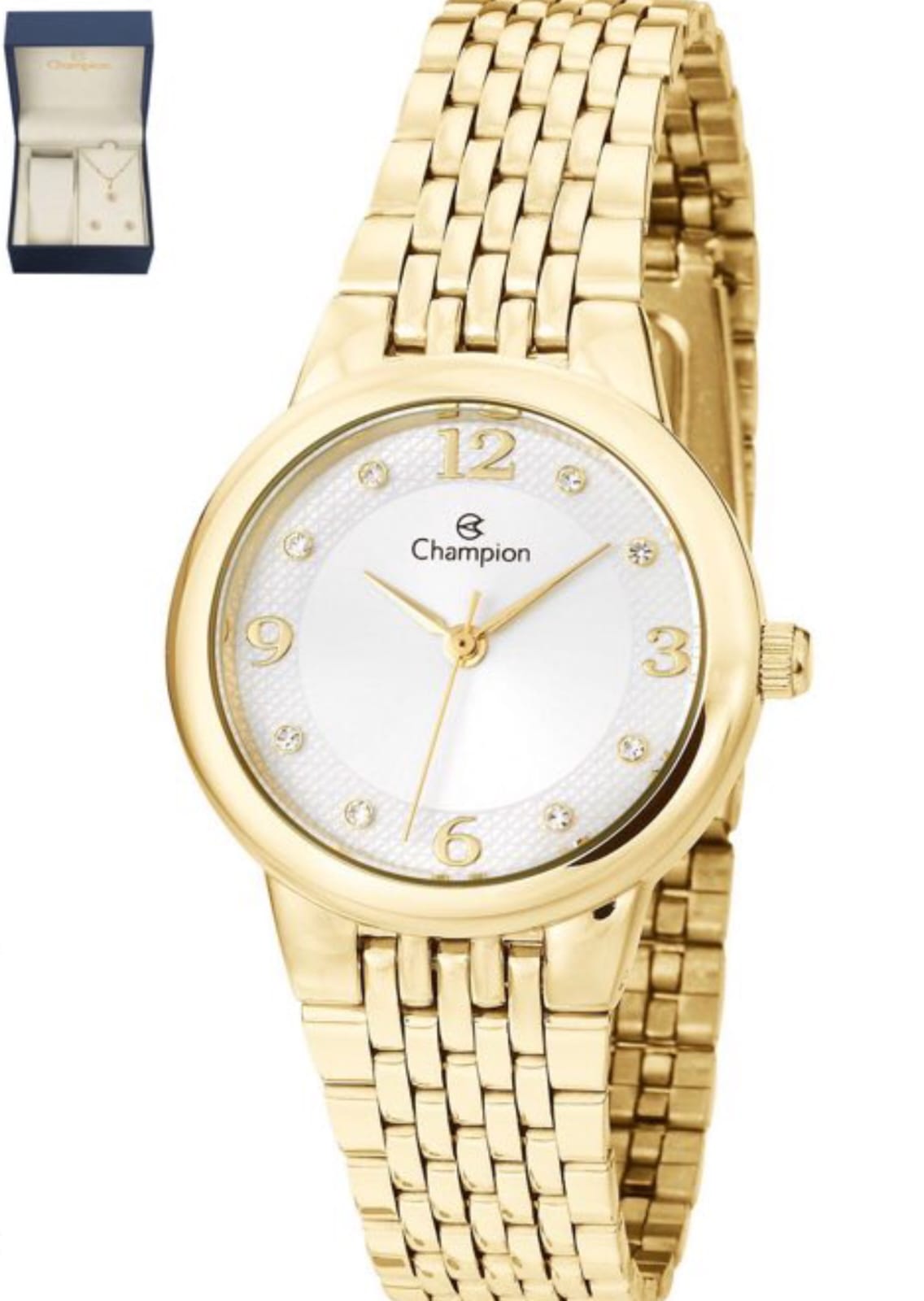 Relógio Champion Feminino Dourado  Fundo Branco  + Semi Joia QTZ