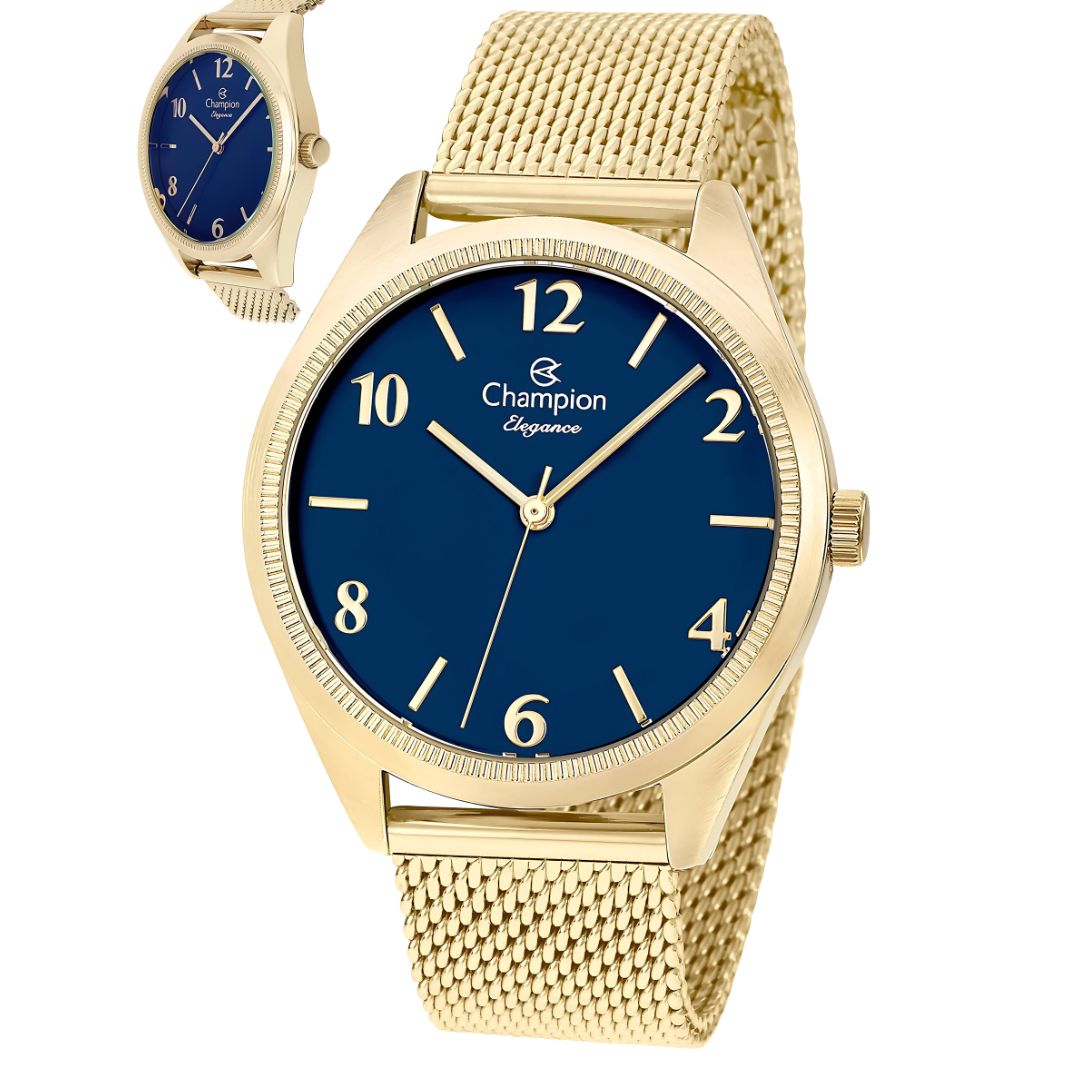 Relogio Feminino Champion Dourado Fundo Azul CN25172F