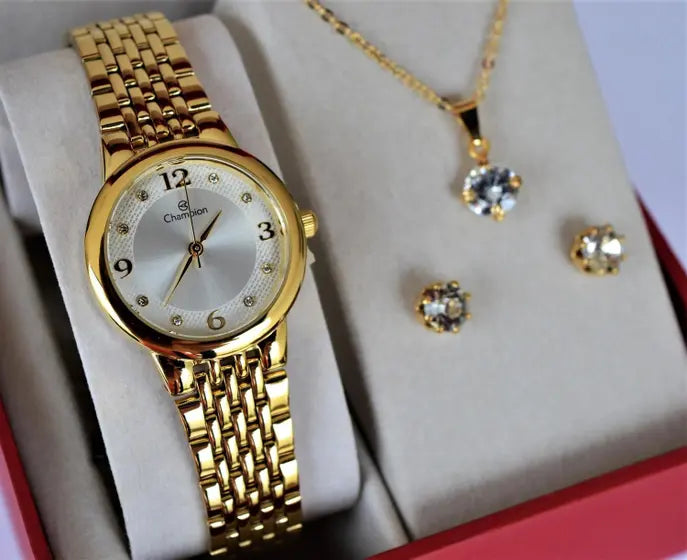 Relógio Champion Feminino Dourado  Fundo Branco  + Semi Joia QTZ