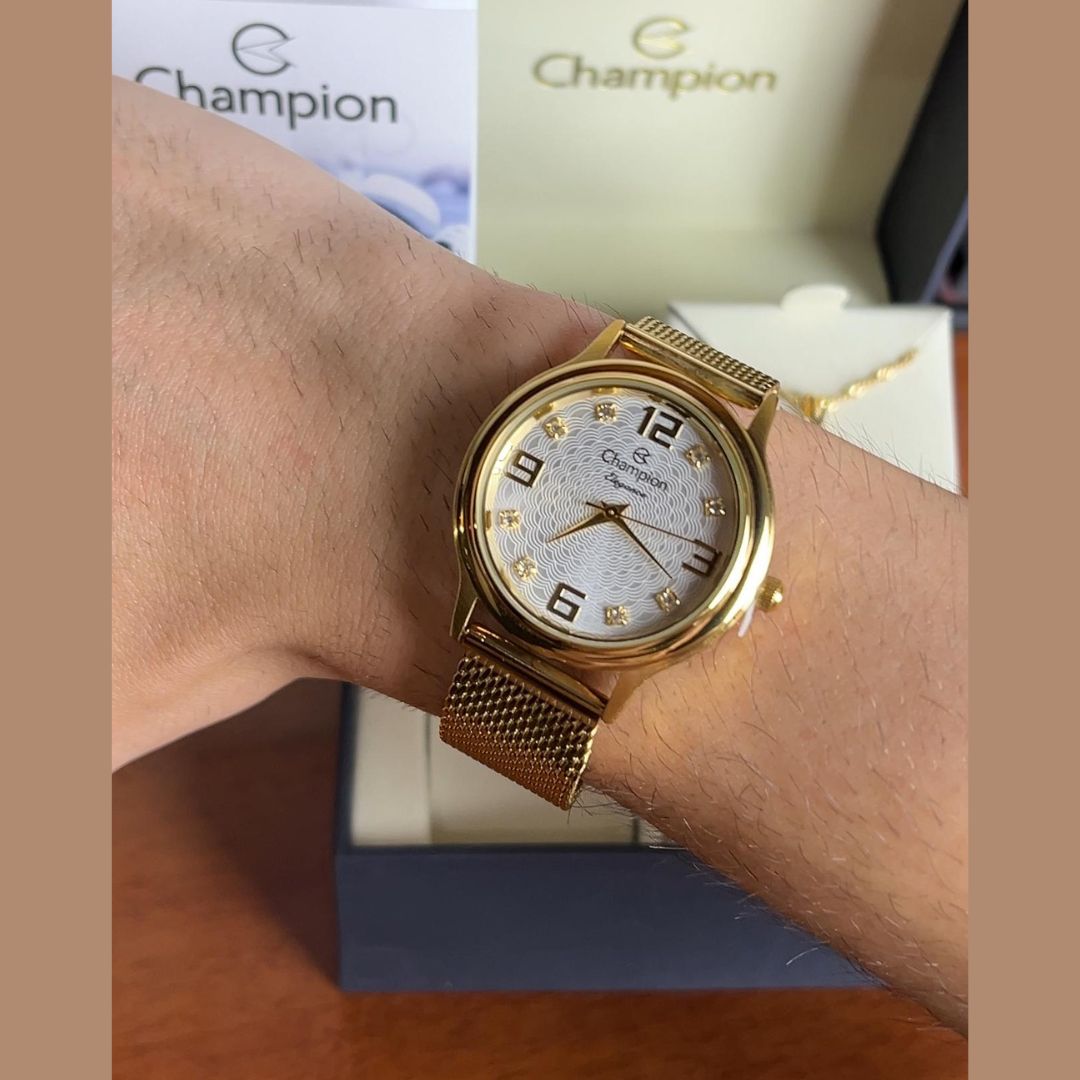 Relógio Champion Feminino Dourado Prova D' Água Kit Brincos
